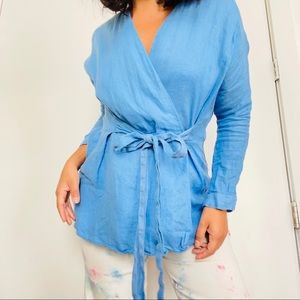 Blue Linen Wrap Blouse Size XS